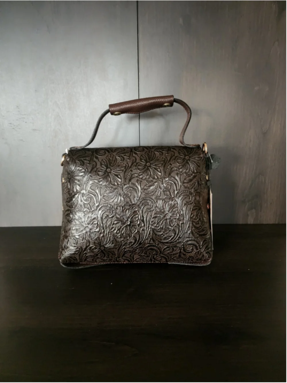 Chocolate Brown Floral Studded Embossed Artisan LEATHER Purse Handbag Crossbody